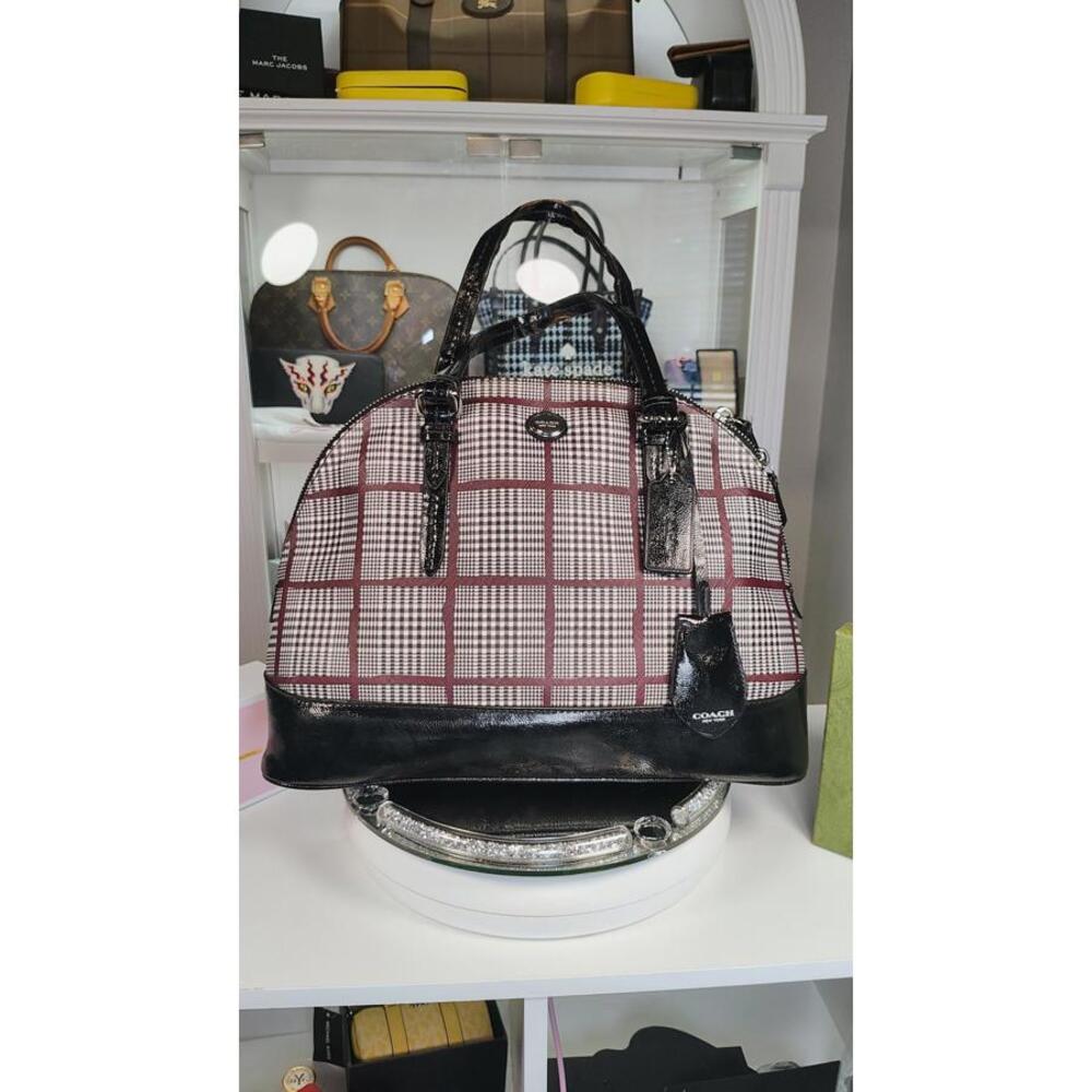 Coach Peyton Cora Glen Plaid Domed Satchel Black Patent Leather Purse